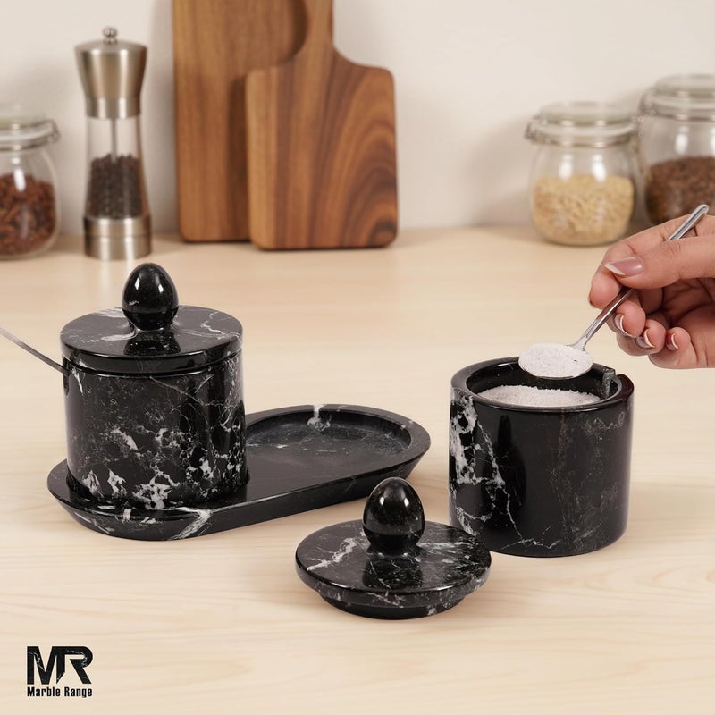 MARBLE RANGE Marble Salt Cellar with Lid and tray 4 Inch Black Handmade Salt Container, Set of 2 Seasoning Jars, Spice Storage Containers for Kitchen Countertop, Sugar Bowl - Image 5